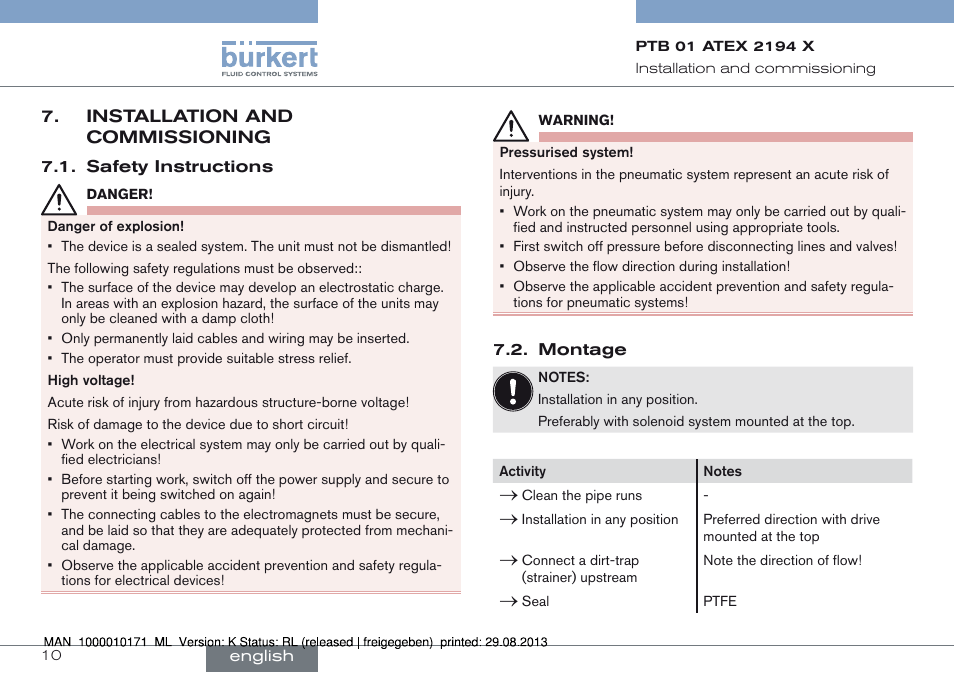 Installation and commissioning, Safety instructions 7.2. montage | Burkert Type 6115 User Manual | Page 10 / 34