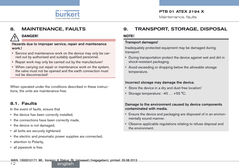 Maintenance, faults, Faults, Transport, storage, disposal | Burkert Type 6115 User Manual | Page 12 / 34