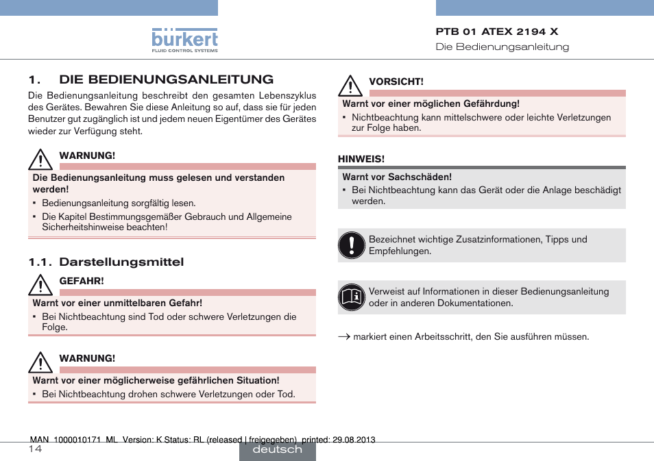 Die bedienungsanleitung, Darstellungsmittel | Burkert Type 6115 User Manual | Page 14 / 34