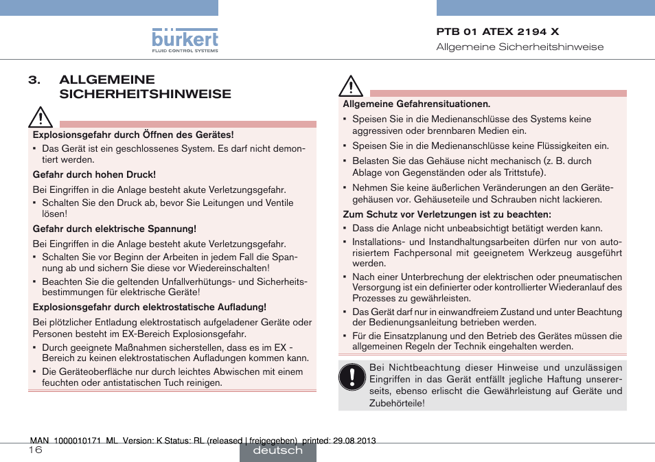 Allgemeine sicherheitshinweise | Burkert Type 6115 User Manual | Page 16 / 34