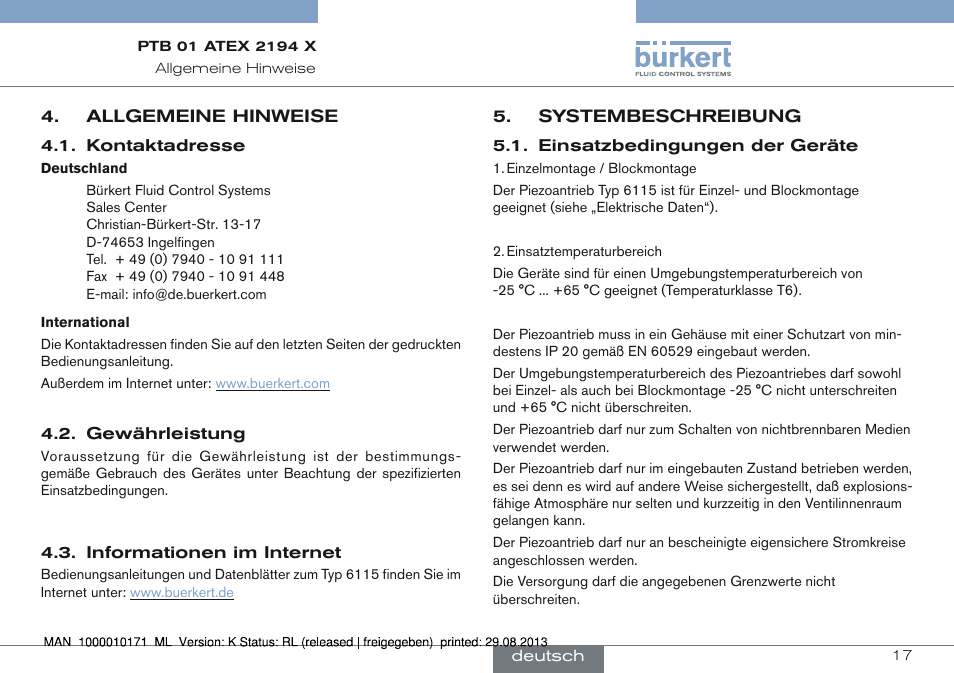 Allgemeine hinweise, Systembeschreibung, Einsatzbedingungen der geräte | Burkert Type 6115 User Manual | Page 17 / 34