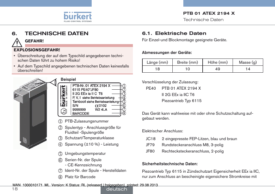 Technische daten, Elektrische daten | Burkert Type 6115 User Manual | Page 18 / 34