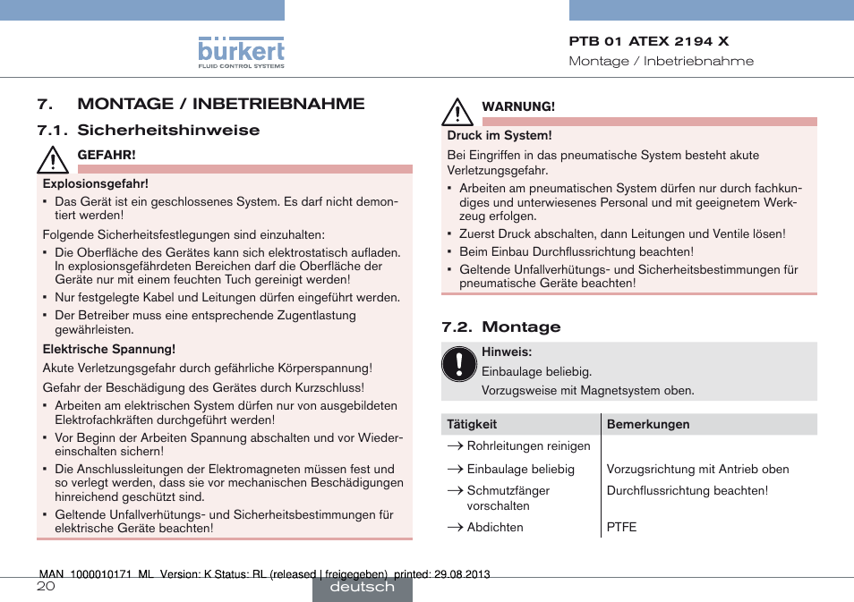 Montage / inbetriebnahme, Sicherheitshinweise 7.2. montage | Burkert Type 6115 User Manual | Page 20 / 34