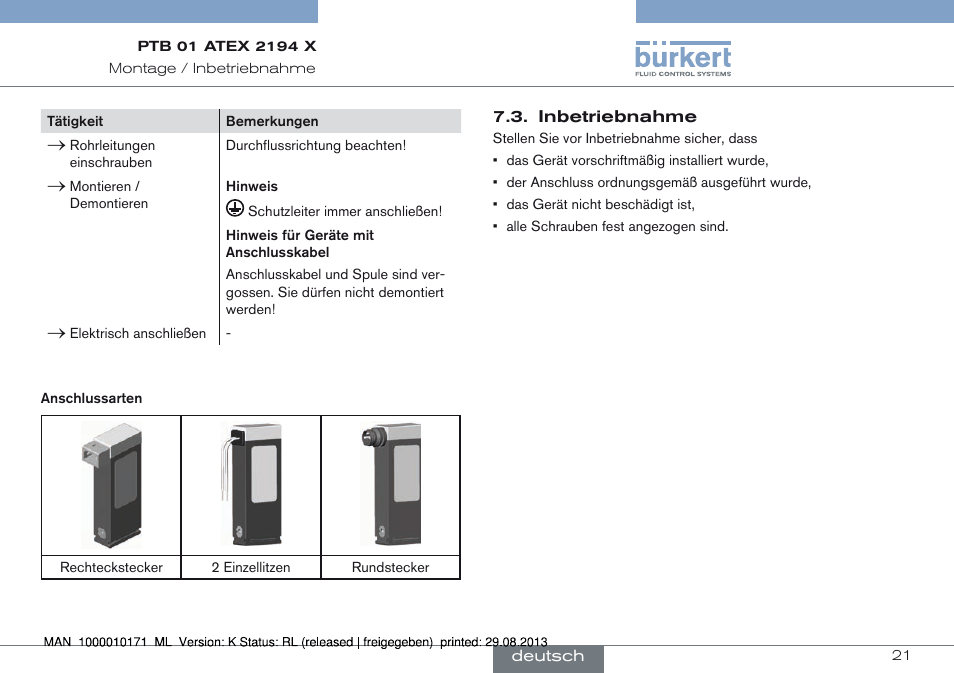 Inbetriebnahme | Burkert Type 6115 User Manual | Page 21 / 34
