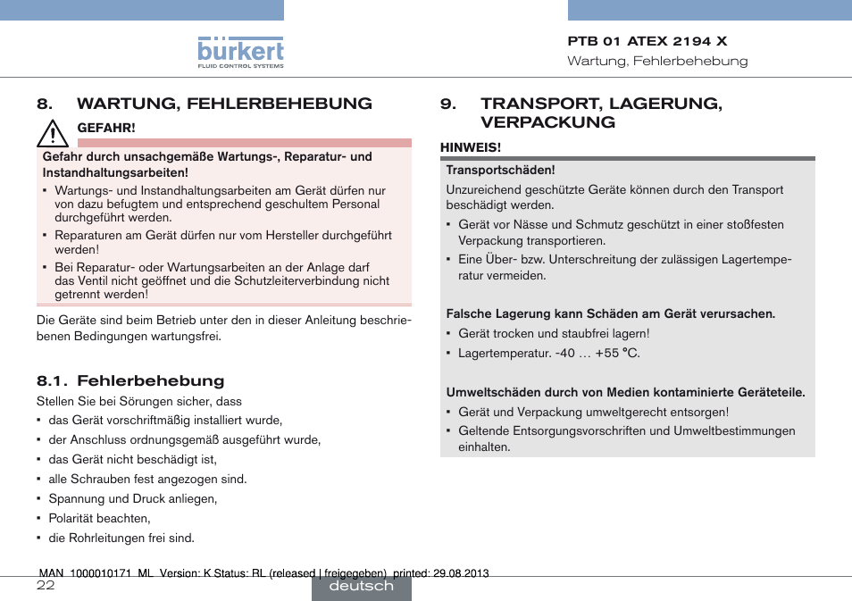 Wartung, fehlerbehebung, Fehlerbehebung, Transport, lagerung, verpackung | Burkert Type 6115 User Manual | Page 22 / 34