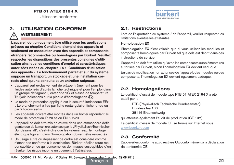 Utilisation conforme, Restrictions 2.2. homologations 2.3. conformité | Burkert Type 6115 User Manual | Page 25 / 34