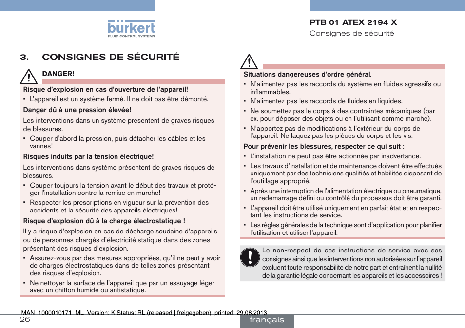 Consignes de sécurité | Burkert Type 6115 User Manual | Page 26 / 34