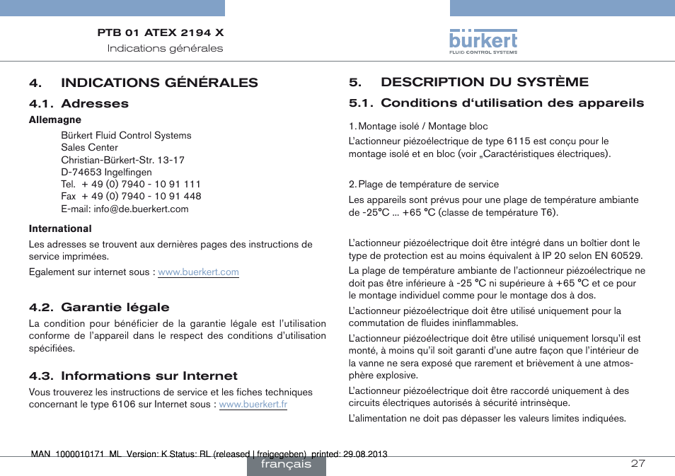 Indications générales, Description du système, Conditions d‘utilisation des appareils | Burkert Type 6115 User Manual | Page 27 / 34