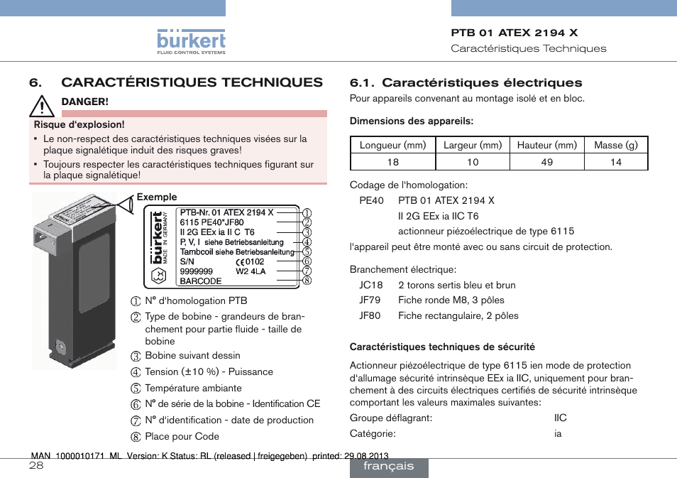 Caractéristiques techniques, Caractéristiques électriques | Burkert Type 6115 User Manual | Page 28 / 34