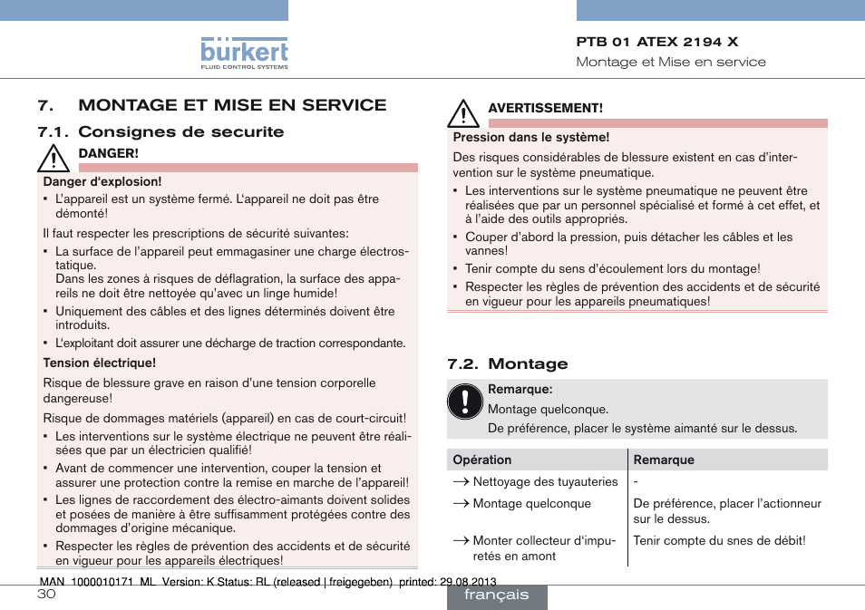 Montage et mise en service, Consignes de securite 7.2. montage | Burkert Type 6115 User Manual | Page 30 / 34