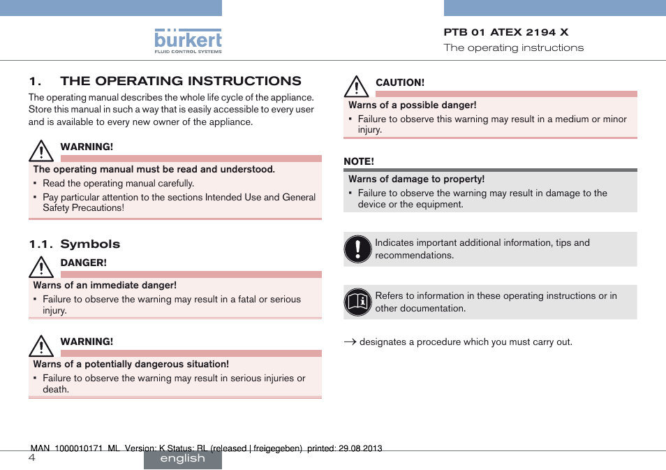 The operating instructions, Symbols | Burkert Type 6115 User Manual | Page 4 / 34