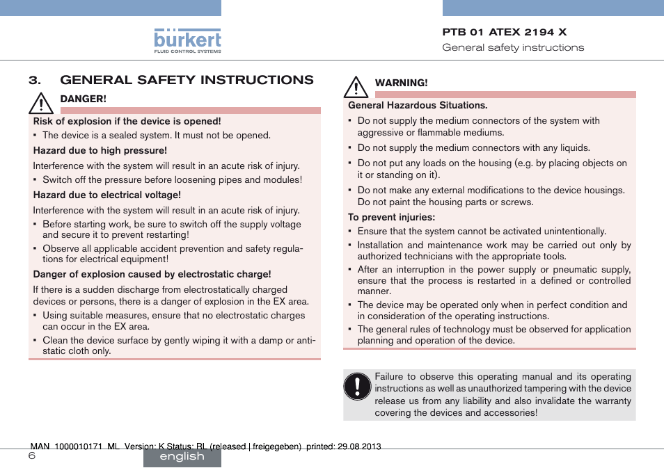 General safety instructions | Burkert Type 6115 User Manual | Page 6 / 34