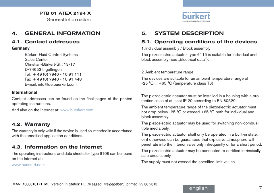 General information, System description, Operating conditions of the devices | Burkert Type 6115 User Manual | Page 7 / 34
