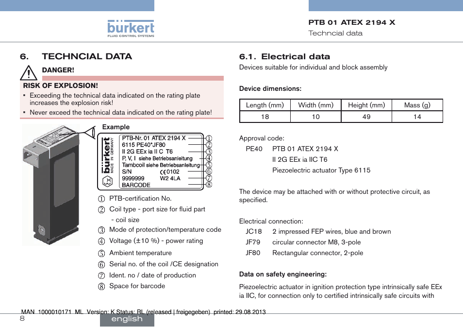 Techncial data, Electrical data | Burkert Type 6115 User Manual | Page 8 / 34