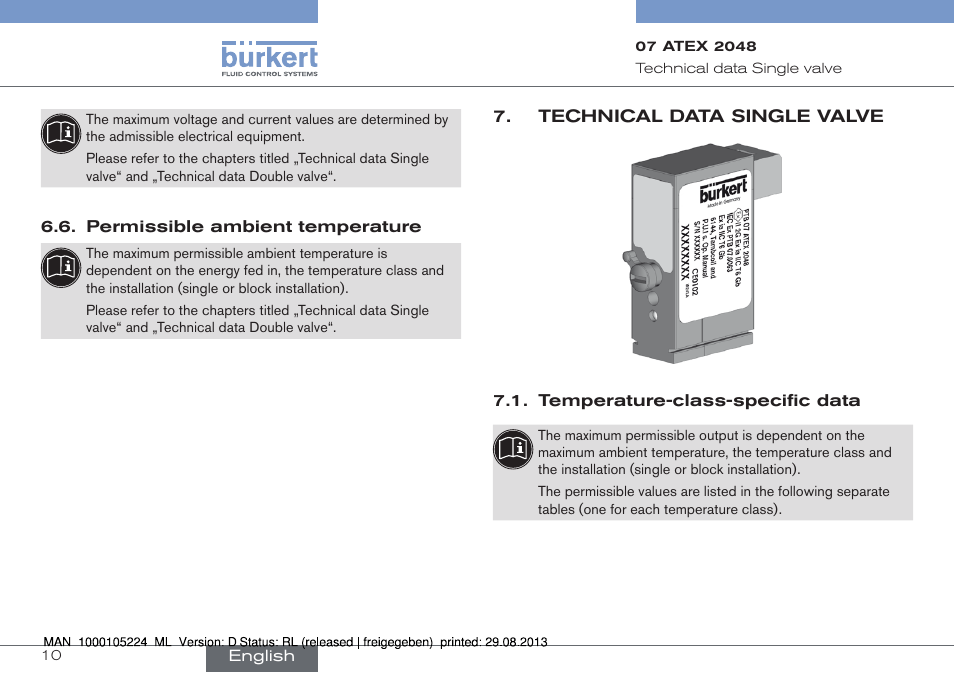 Permissible ambient temperature, Technical data single valve, Temperature-class-specific data | Burkert Type 6144 User Manual | Page 10 / 58