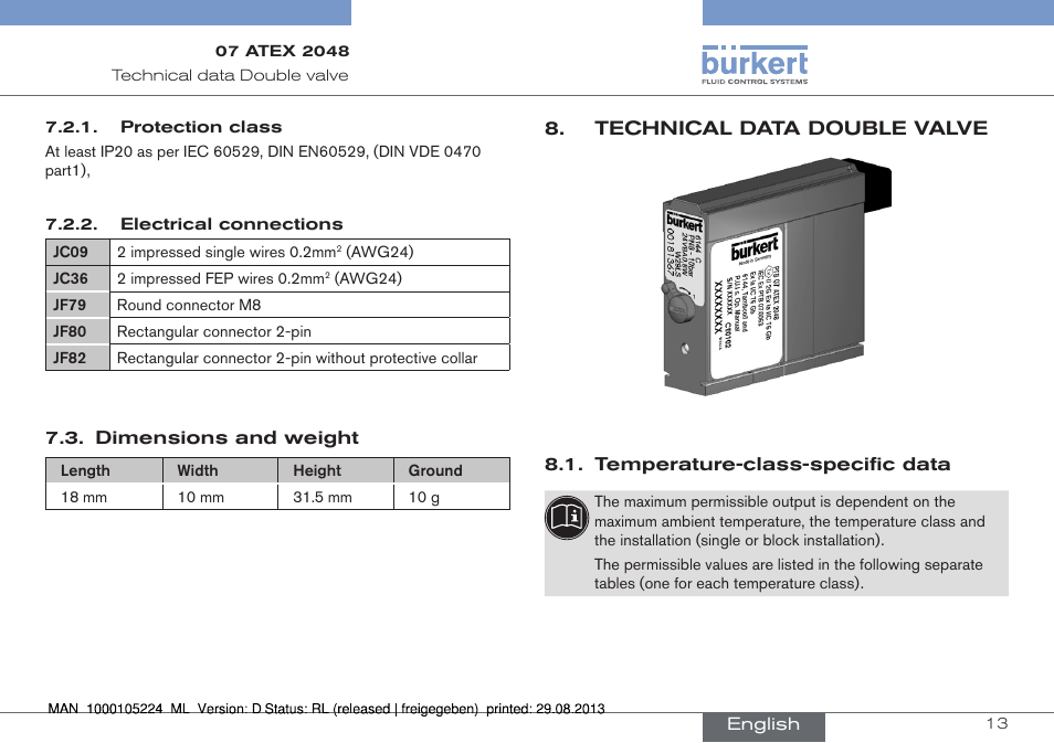 Dimensions and weight, Technical data double valve, Temperature-class-specific data | Burkert Type 6144 User Manual | Page 13 / 58