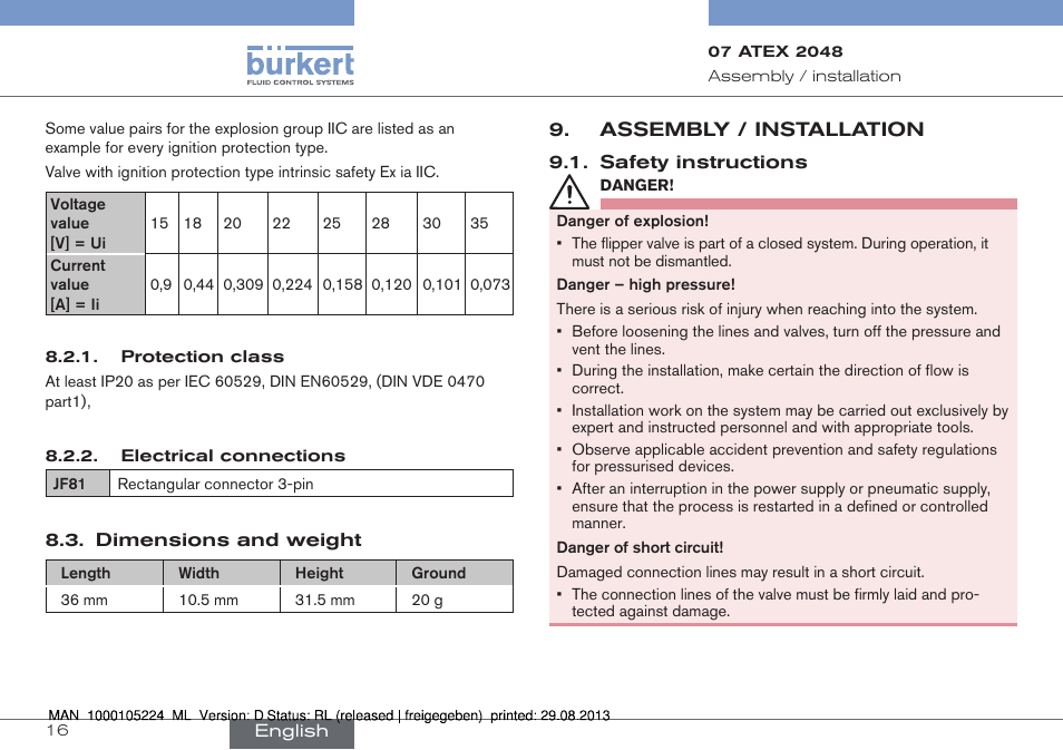 Dimensions and weight, Assembly / installation, Safety instructions | Burkert Type 6144 User Manual | Page 16 / 58