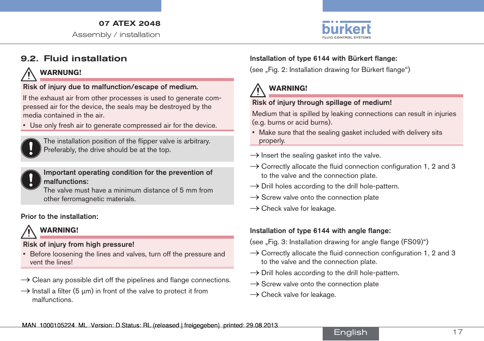 Fluid installation | Burkert Type 6144 User Manual | Page 17 / 58