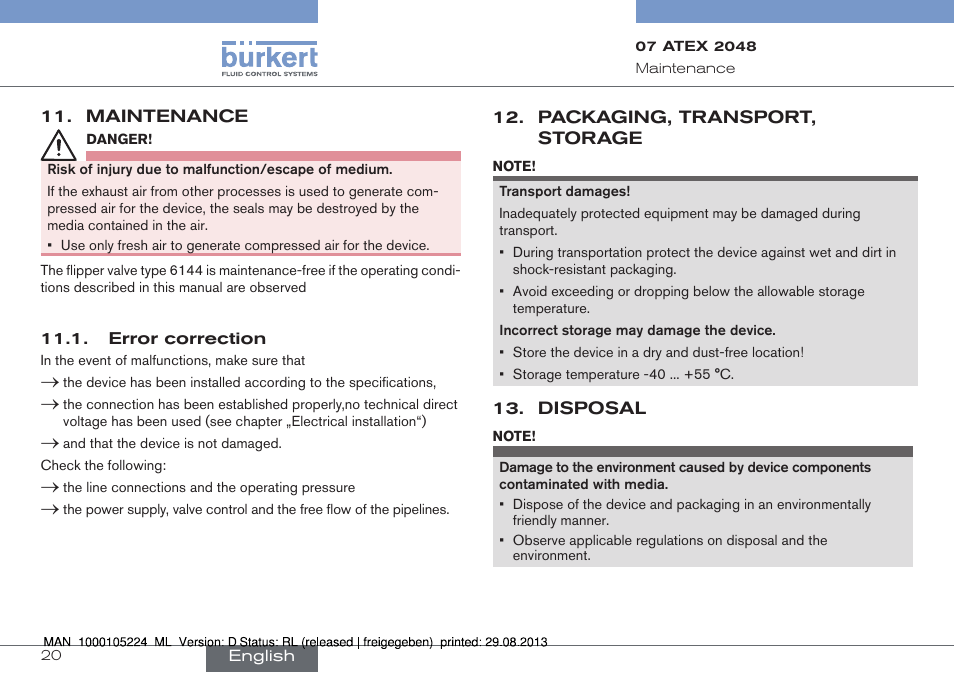 Maintenance, Error correction, Packaging, transport, storage | Burkert Type 6144 User Manual | Page 20 / 58