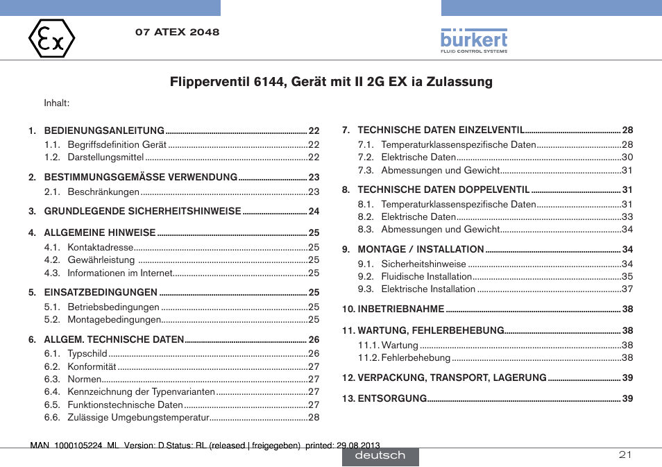 Deutsch | Burkert Type 6144 User Manual | Page 21 / 58