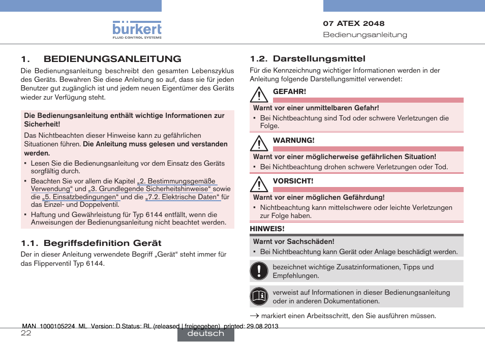 Bedienungsanleitung, Begriffsdefinition gerät 1.2. darstellungsmittel | Burkert Type 6144 User Manual | Page 22 / 58