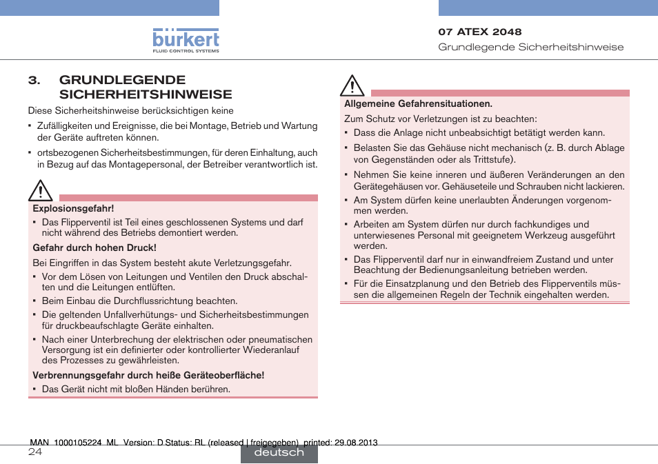 Grundlegende sicherheitshinweise | Burkert Type 6144 User Manual | Page 24 / 58