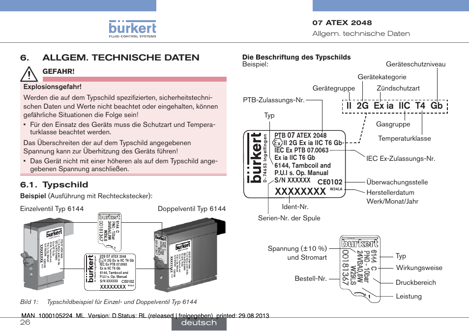 Allgem. technische daten, Typschild, Ii 2g ex ia iic t4 gb | Deutsch | Burkert Type 6144 User Manual | Page 26 / 58