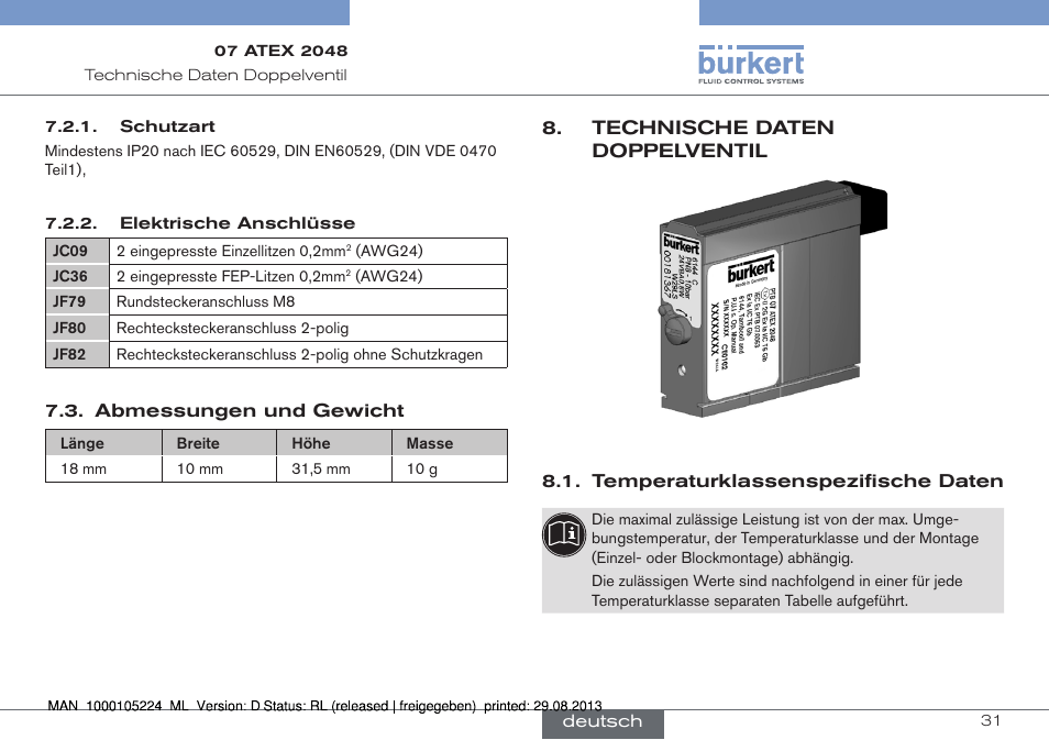 Abmessungen und gewicht, Technische daten doppelventil, Temperaturklassenspezifische daten | Burkert Type 6144 User Manual | Page 31 / 58