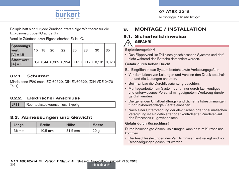 Abmessungen und gewicht, Montage / installation, Sicherheitshinweise | Burkert Type 6144 User Manual | Page 34 / 58