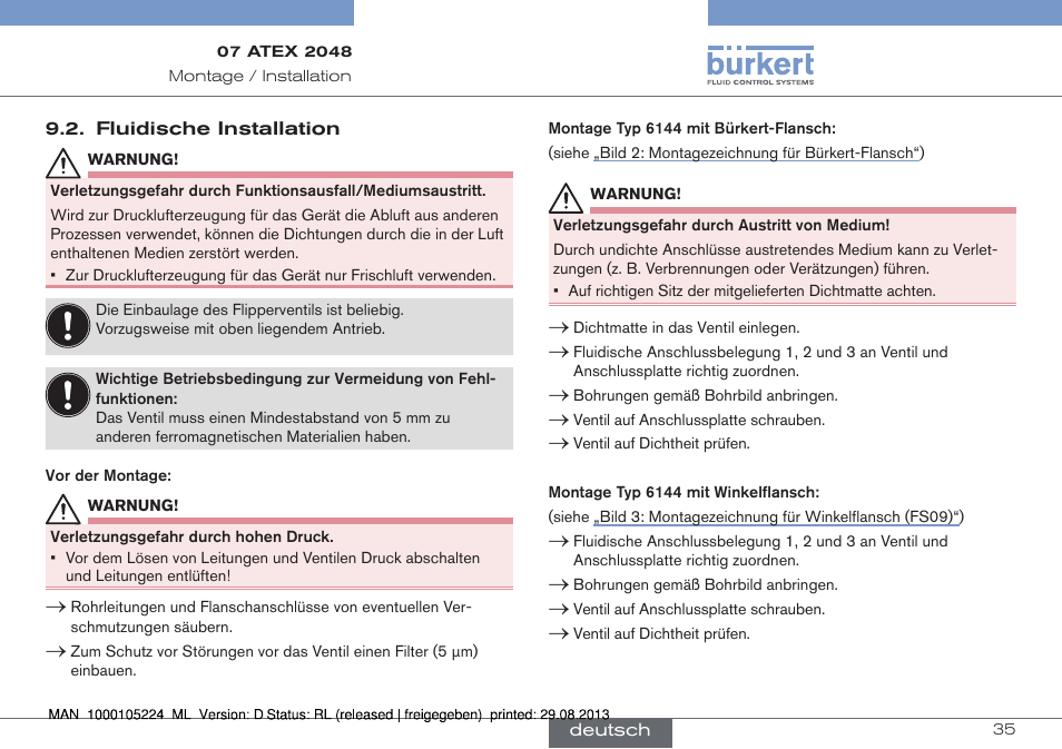 Fluidische installation | Burkert Type 6144 User Manual | Page 35 / 58