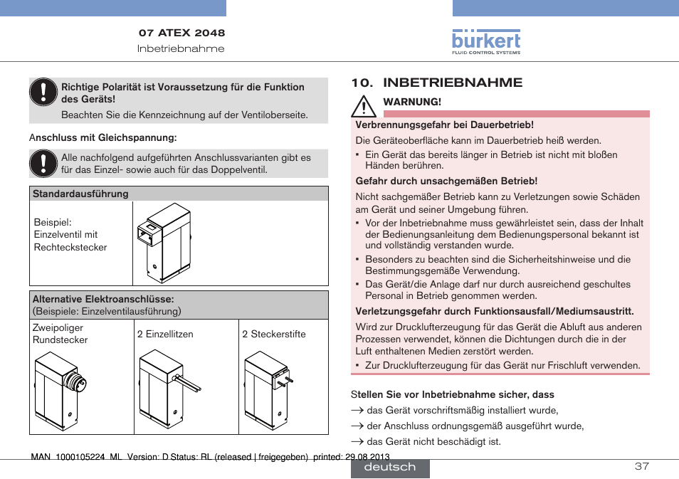 Elektrische installation | Burkert Type 6144 User Manual | Page 37 / 58