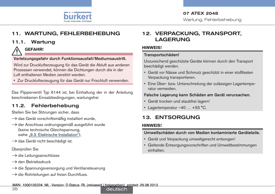 Inbetriebnahme, Wartung, fehlerbehebung, Wartung 11.2. fehlerbehebung | Burkert Type 6144 User Manual | Page 38 / 58