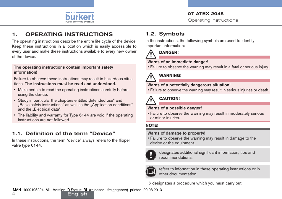 Operating instructions, Definition of the term “device” 1.2. symbols | Burkert Type 6144 User Manual | Page 4 / 58