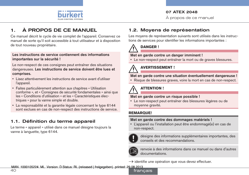 À propos de ce manuel | Burkert Type 6144 User Manual | Page 40 / 58