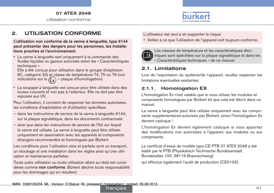 Utilisation conforme, Limitations, Utilisation | Conforme | Burkert Type 6144 User Manual | Page 41 / 58