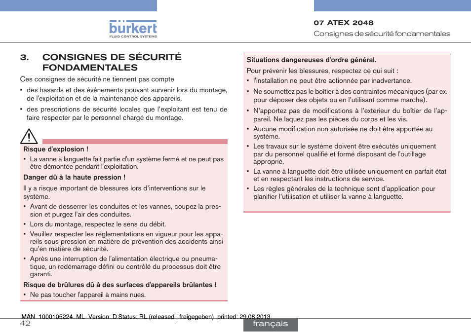 Consignes de sécurité fondamentales | Burkert Type 6144 User Manual | Page 42 / 58