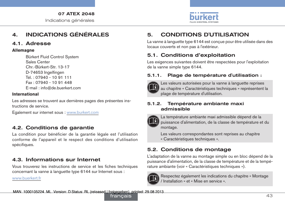 Indications générales, Conditions d'utilisation | Burkert Type 6144 User Manual | Page 43 / 58