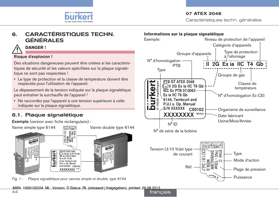 Caractéristiques techn. générales, Plaque signalétique, Ii 2g ex ia iic t4 gb | Français | Burkert Type 6144 User Manual | Page 44 / 58