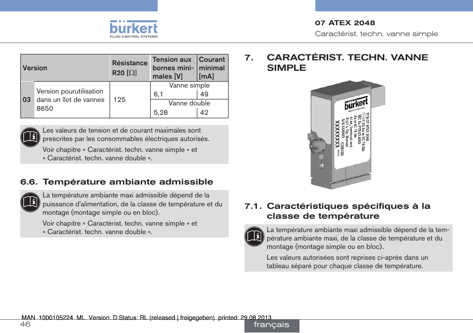 Température ambiante admissible, Caractérist. techn. vanne simple | Burkert Type 6144 User Manual | Page 46 / 58