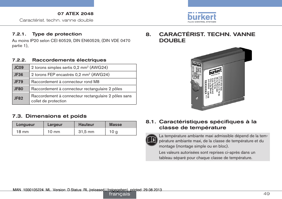 Dimensions et poids, Caractérist. techn. vanne double | Burkert Type 6144 User Manual | Page 49 / 58