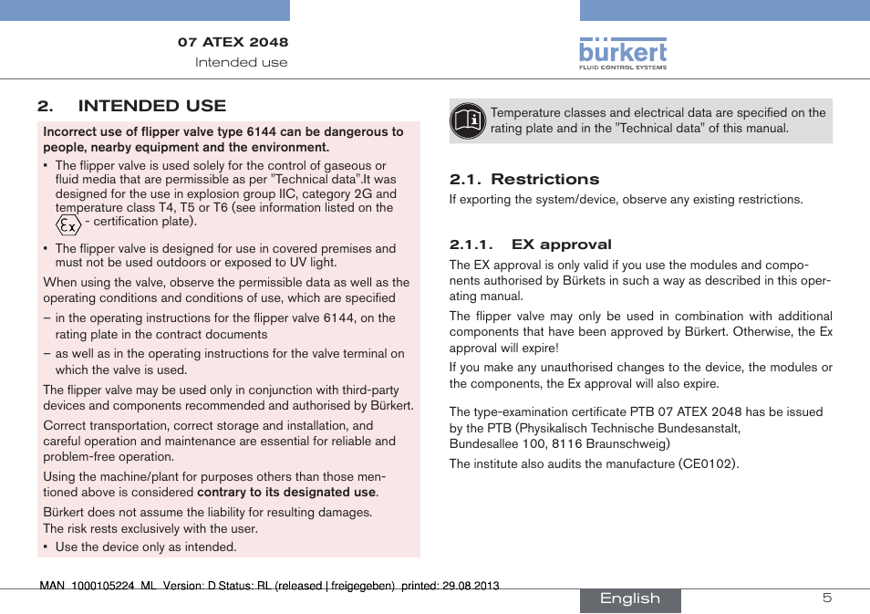 Intended use, Restrictions | Burkert Type 6144 User Manual | Page 5 / 58