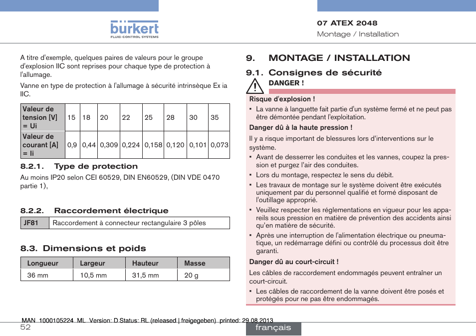 Dimensions et poids, Montage / installation, Consignes de sécurité | Burkert Type 6144 User Manual | Page 52 / 58