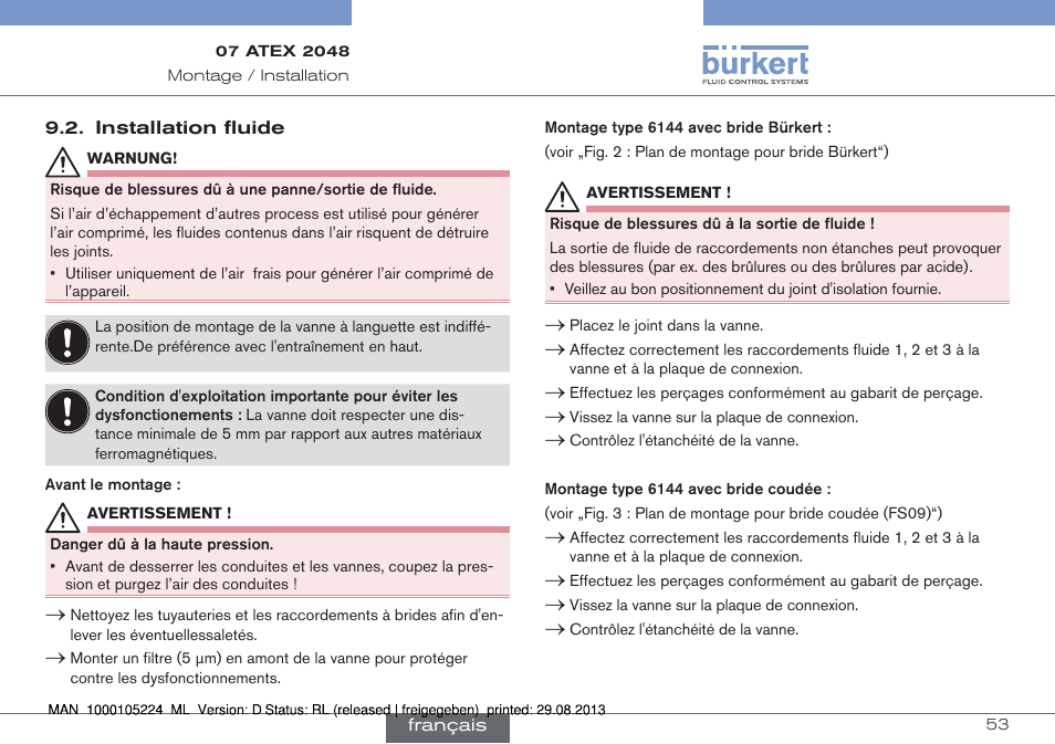 Installation fluide | Burkert Type 6144 User Manual | Page 53 / 58