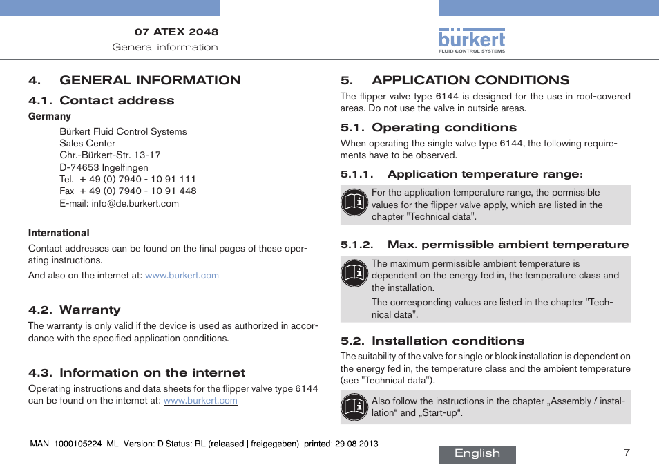 General information, Application conditions, Operating conditions 5.2. installation conditions | Burkert Type 6144 User Manual | Page 7 / 58