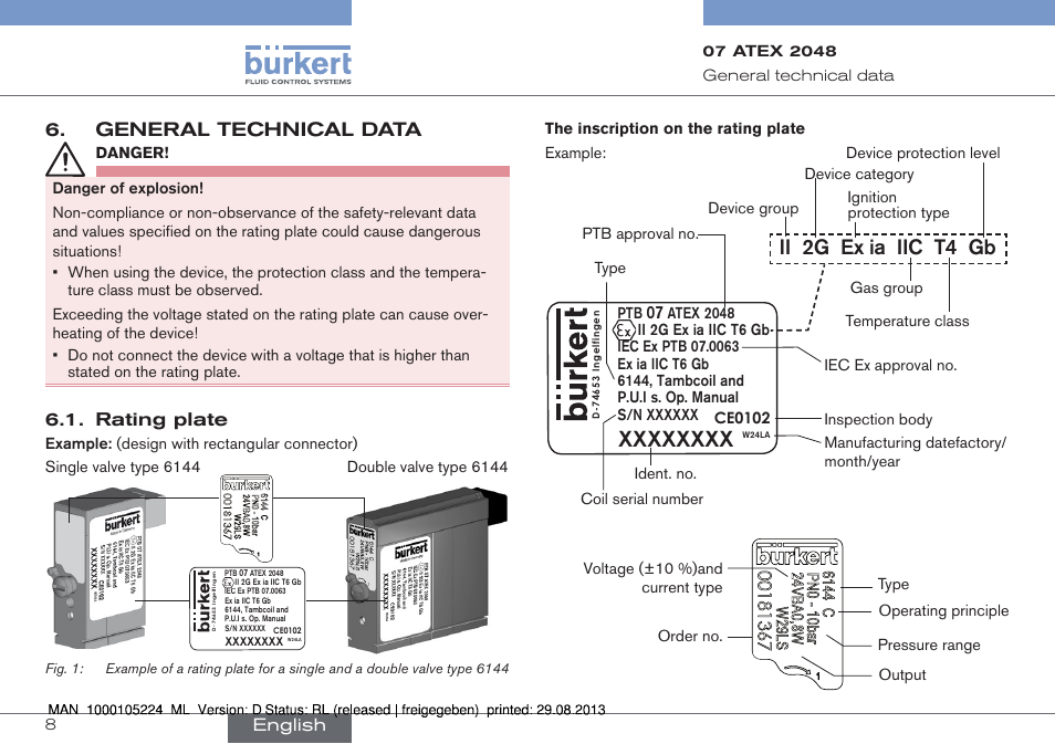 General technical data, Rating plate, Ii 2g ex ia iic t4 gb | English | Burkert Type 6144 User Manual | Page 8 / 58