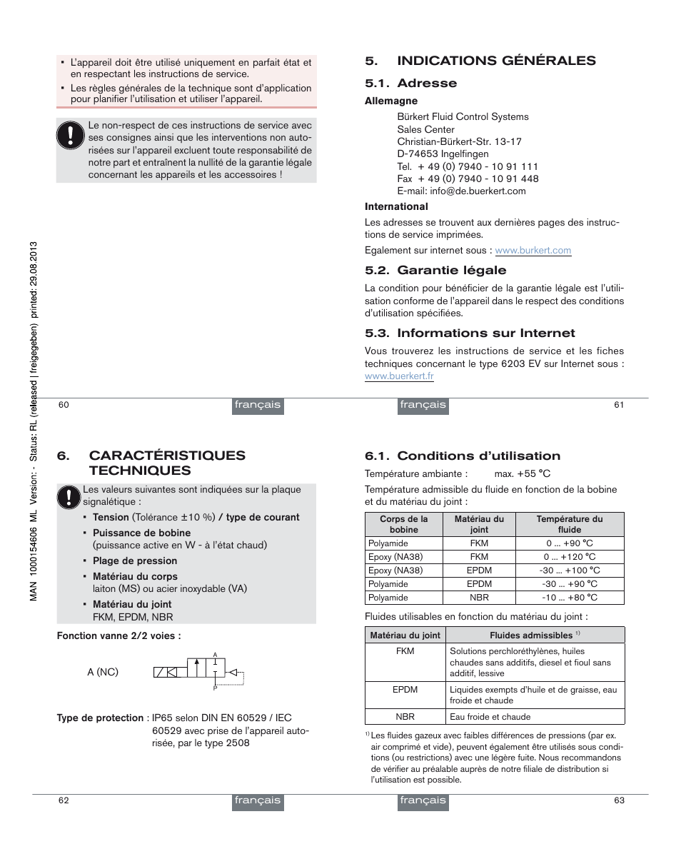 Indications générales, Caractéristiques techniques | Burkert Type 6203 User Manual | Page 17 / 21