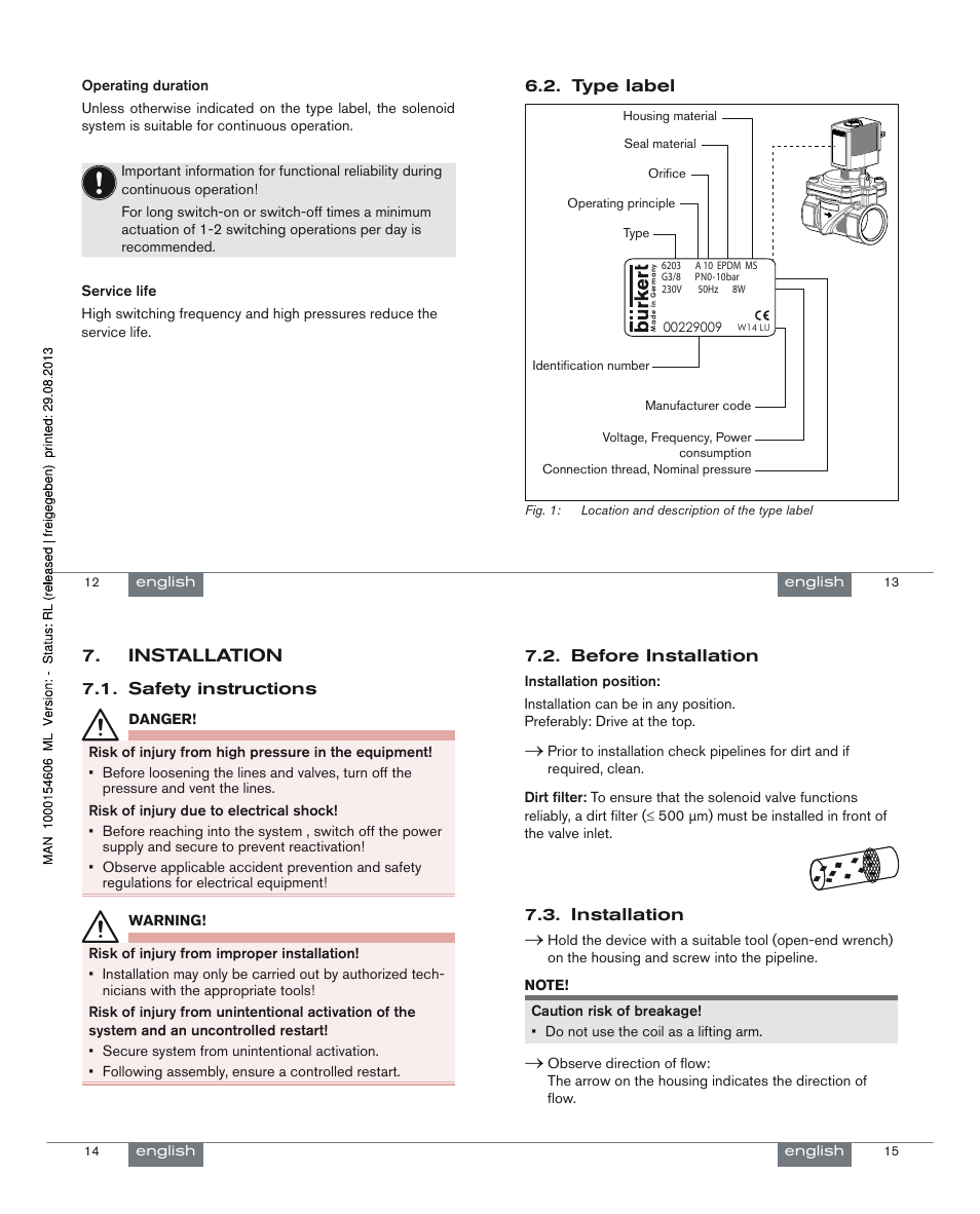 Installation | Burkert Type 6203 User Manual | Page 4 / 21