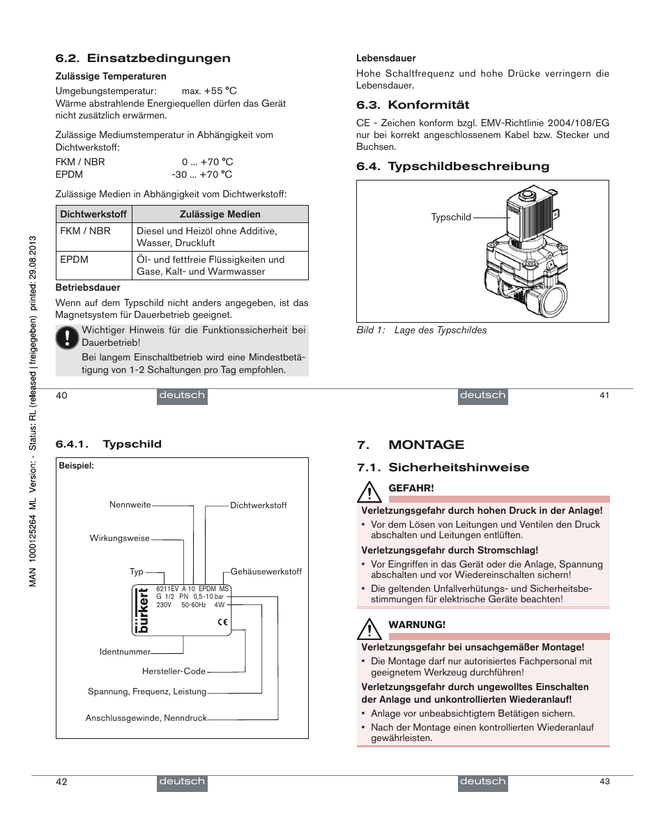 Montage 7, Einsatzbedingungen 6.2, Konformität 6.3 | Typschildbeschreibung, Sicherheitshinweise 7.1 | Burkert Type 6211 User Manual | Page 11 / 21