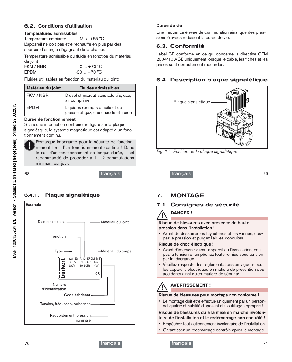 Montage 7, Conditions d‘utilisation 6.2, Conformité 6.3 | Description plaque signalétique, Consignes de sécurité 7.1 | Burkert Type 6211 User Manual | Page 18 / 21