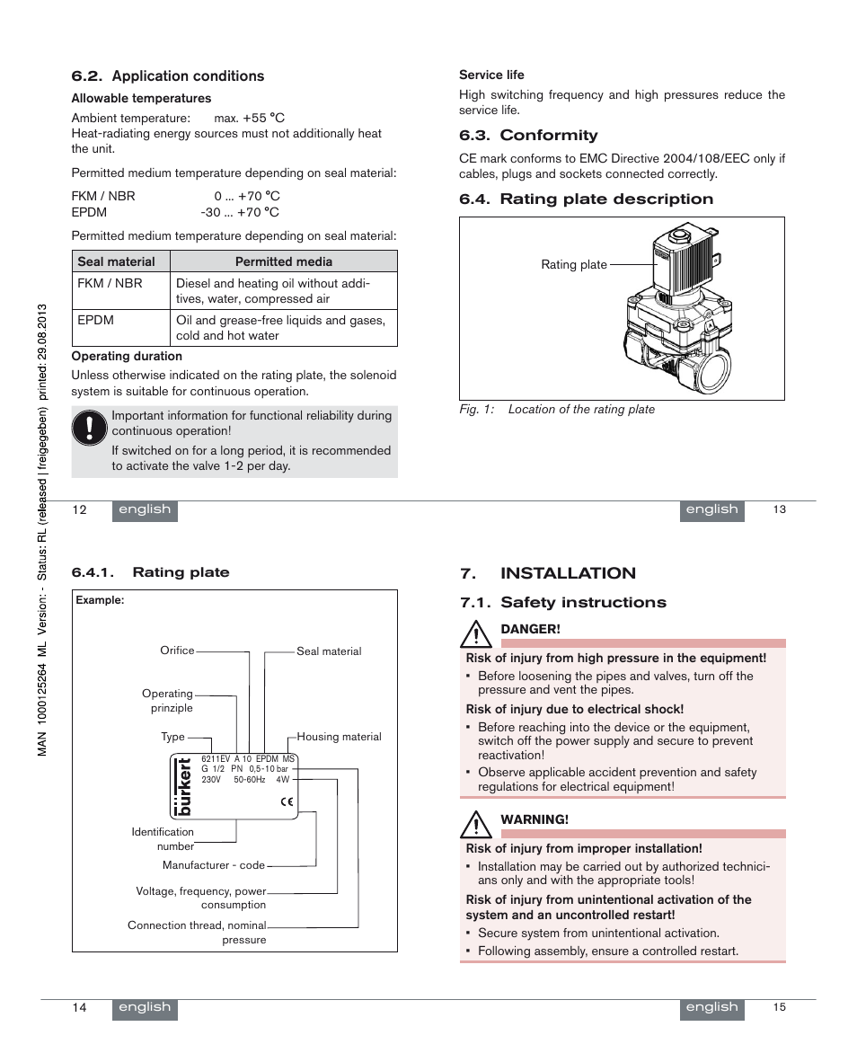 Installation 7, Application conditions 6.2, Conformity 6.3 | Rating plate description, Safety instructions 7.1 | Burkert Type 6211 User Manual | Page 4 / 21